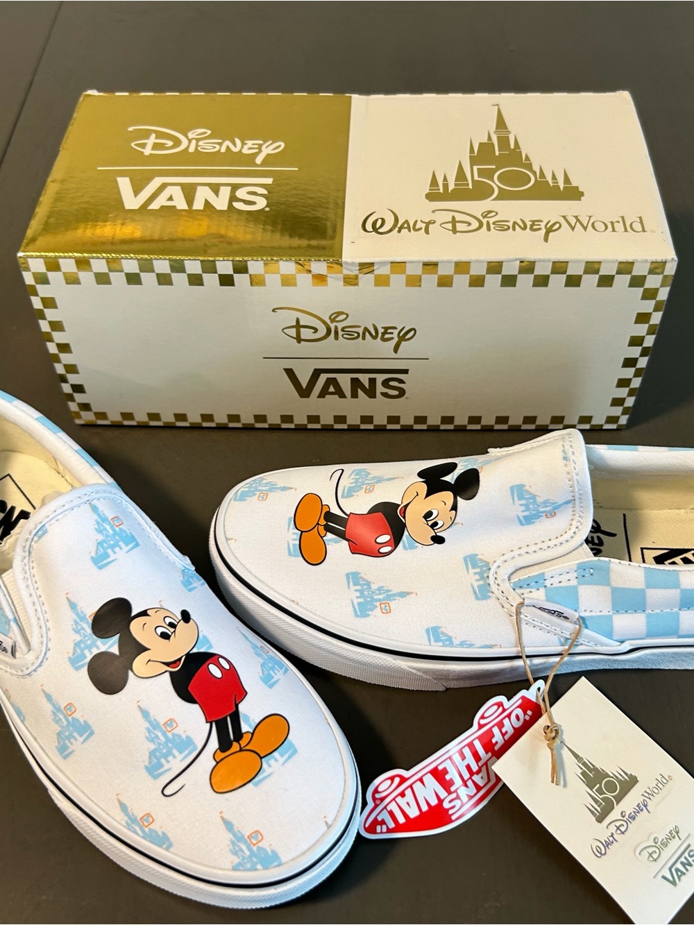 Vans Disney 50th Anniversary Mickey Mouse Slip-On Sneakers in White, Light Blue